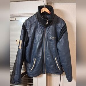 Vintage Guess Black & Blue Leather Bomber Jacket Men's Size Small